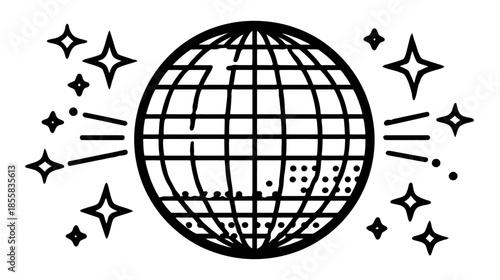 Disco ball line art icon with sparkles and radiating light for party, music, celebration, and retro nightlife designs