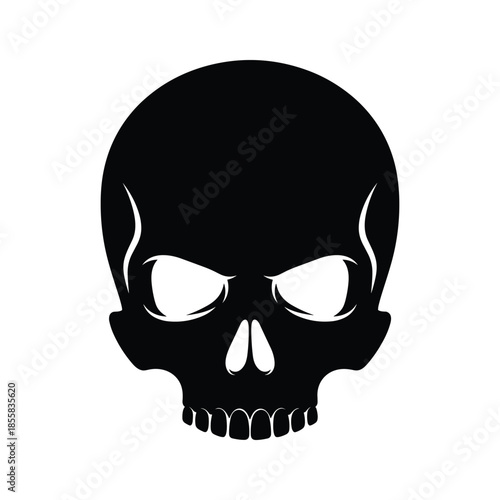 Menacing black skull icon on white background