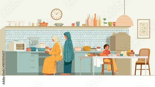 Family in a cozy kitchen preparing and enjoying a meal together