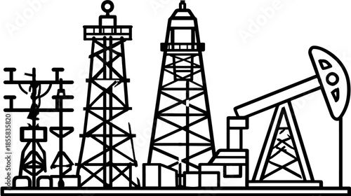 Oil and Gas Industry Vector Line Art Icon Set with Drilling Rigs and Pumpjack for Energy Production