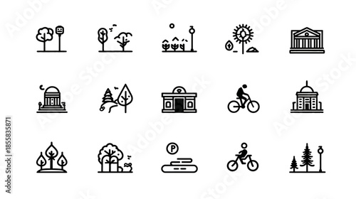 Collection of diverse park and outdoor public space line icons. Features trees, buildings, bicycles, benches, and urban nature elements.