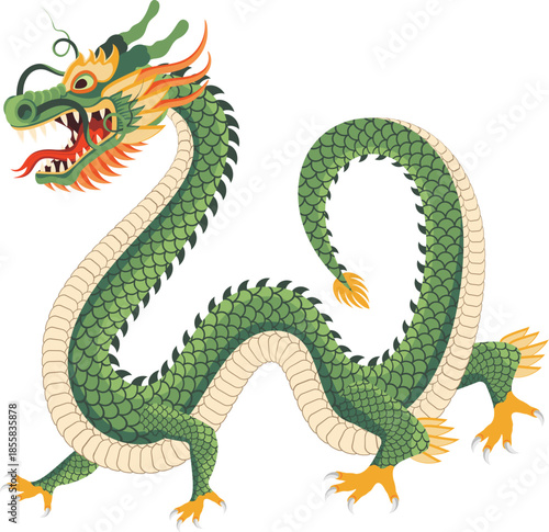 Traditional green chinese dragon. Zodiac sign. Sacred animal, a symbol of goodness and power. Asian, japanese mascot and tattoo or T-shirt vector illustration.