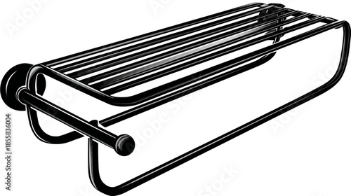 Black metal wall-mounted towel rack with a slatted shelf, ideal for modern bathroom decor and home organization.