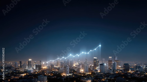 Wallpaper Mural City skyline at night with glowing graph line showing upward trend in financial growth and market success in a bustling urban environment Torontodigital.ca