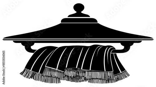 Black silhouette of a decorative towel rack with a fringed towel on a shelf. Bathroom accessory icon, monochrome vector graphic.
