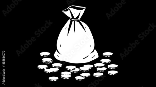 Black and white hand-drawn illustration of a money bag with scattered coins, symbolizing finance, wealth, and savings.