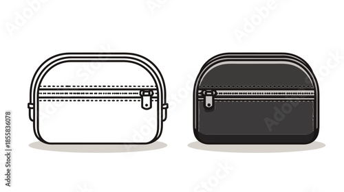 Vector illustration of a modern zippered pouch or bag. White outline and black filled versions for toiletries or cosmetics.