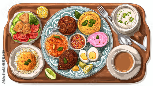 Traditional Middle Eastern Breakfast with Diverse Dishes on Wooden Tray