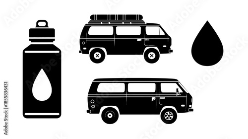 Vanlife and Outdoor Travel Vector Icons Set with Camper Vans, Roof Rack, Hydration Bottle, and Water Drop Silhouettes
