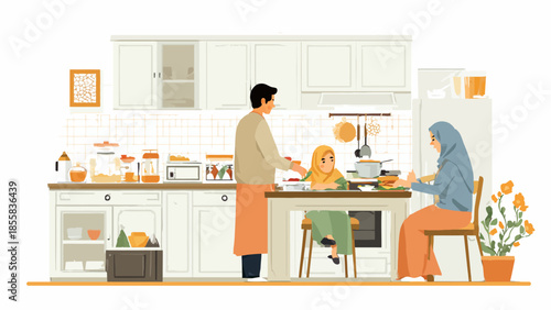 Family cooking together in a cozy modern kitchen setting