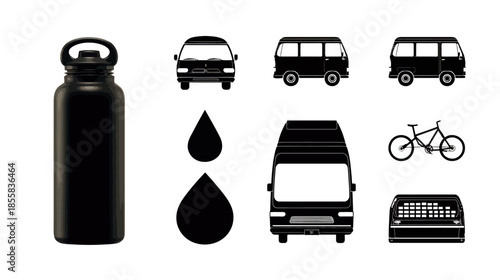 Black silhouette icons set featuring water bottle, passenger car, various vans, bicycle, and liquid drops, ideal for design elements.