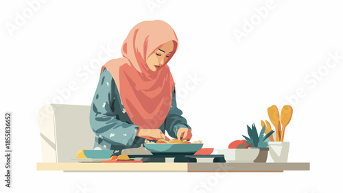 Woman in hijab preparing a meal in a modern kitchen setting