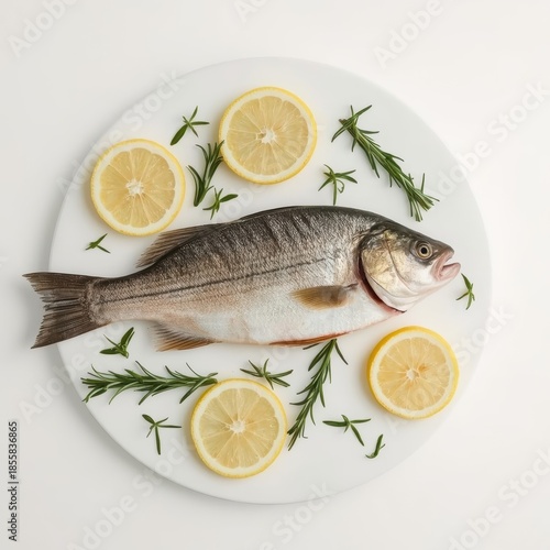 Whole striped bass on a white surface with lemon rounds and fresh rosemary. Generative AI