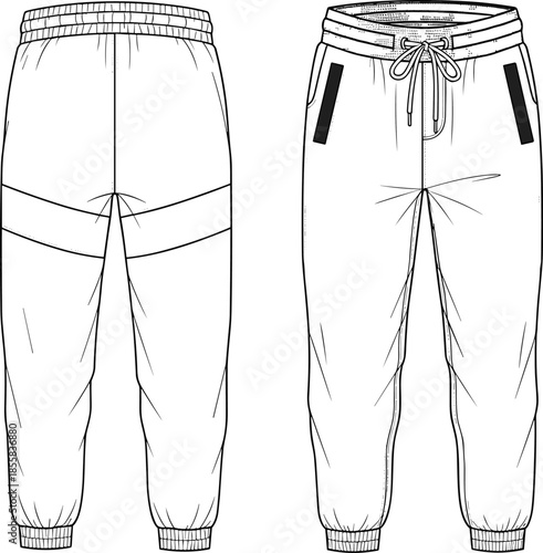 Jogger Pants Technical Flat Sketch Vector Illustration for Apparel Design and Fashion CAD Mockup Template