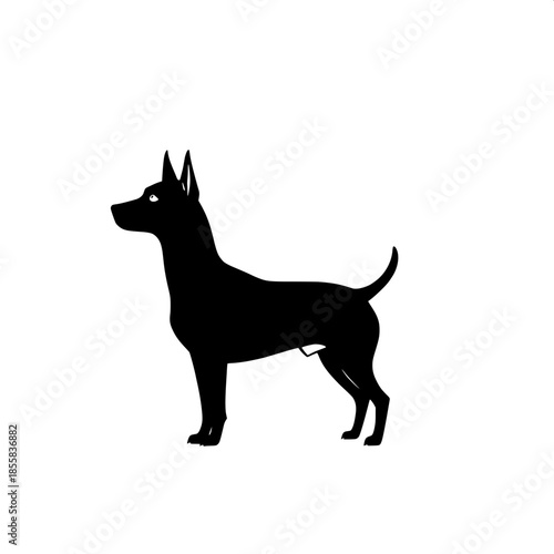 A flat vector illustration of a dog silhouette in solid black on a pure white background, standing naturally with perked ears and a relaxed posture, showcasing a high contrast design suitable for logo