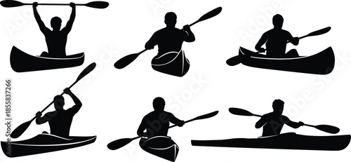 Kayaking and canoeing silhouettes set, vector illustration of people paddling and rowing boats, ideal for outdoor sports, recreation, adventure, and water activities graphic design projects