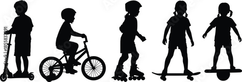 Kids Silhouettes Playing with Scooter, Bicycle, Roller Skates, Skateboard, and Hoverboard Vector Illustration, Happy Childhood Outdoor Activities and Modern Sports Graphic Set