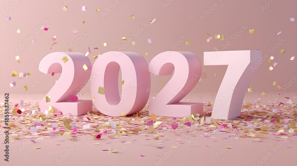 custom made wallpaper toronto digitalCheerful 3D Representation of the Year 2027 Surrounded by Colorful Confetti on a Soft Pink Background