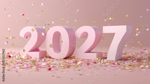 Wallpaper Mural Cheerful 3D Representation of the Year 2027 Surrounded by Colorful Confetti on a Soft Pink Background Torontodigital.ca