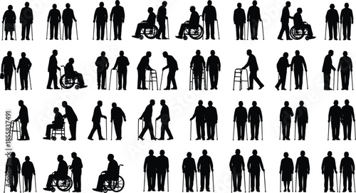 Large black silhouette collection of various people in different jobs and professions, including doctor, police, firefighter, chef, and businessperson, isolated on white, vector set