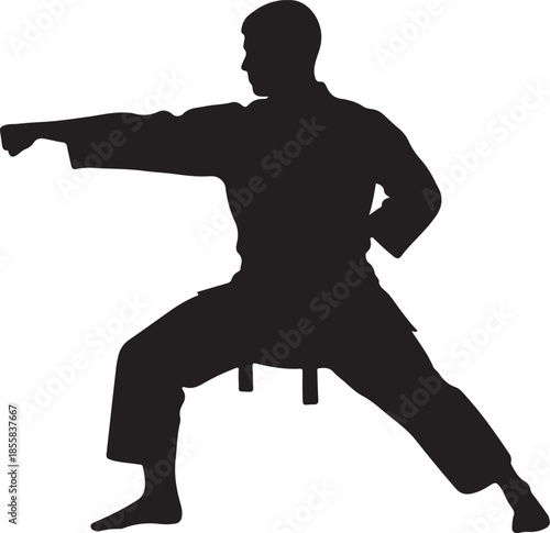 Male Karate Silhouette in Punching Stance Isolated on White Background