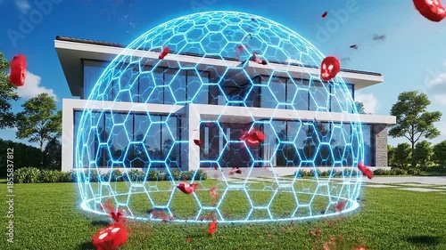 Modern House Protected by Futuristic Energy Shield Against Viruses.