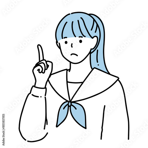 手描き　困り顔の女子高生のイラスト　指差し	ブルー