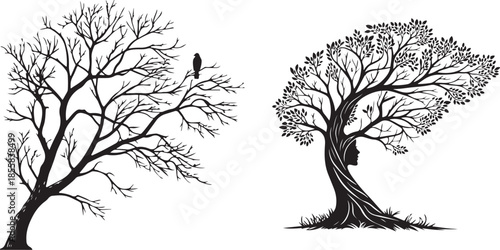 Set of Two Tree Silhouettes: Winter Tree with Raven and Mythical Tree Woman Profile