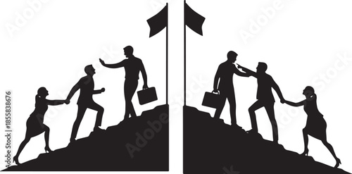 Silhouette of Business People Climbing Up to Flag Goal, Teamwork and Challenge