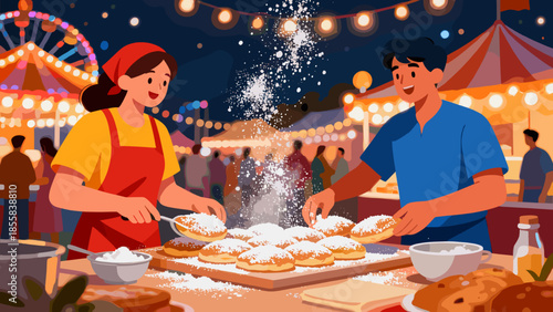 Young man and woman preparing fried sweets at carnival festival  