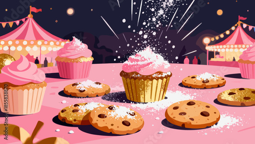 Colorful carnival treats with cupcakes and cookies at festival scene  