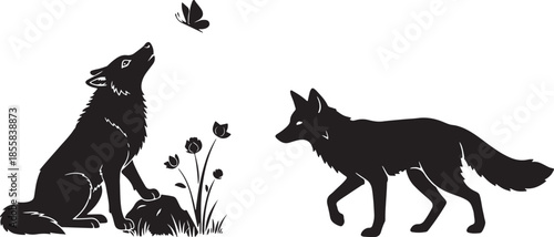 Black Silhouette of Wolves and Butterfly on White Background