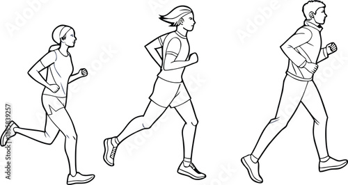 Three people running in a row 