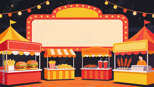 Colorful carnival food stalls with burgers, fries, and drinks at night  