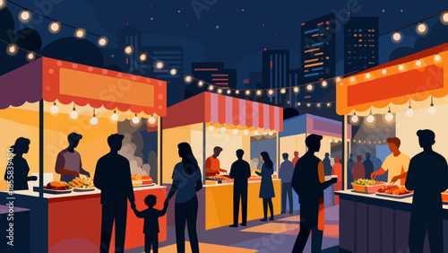 People enjoying vibrant carnival street food at night market festival  