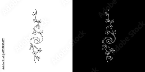 Elegant botanical scrollwork design featuring a swirling vine adorned with delicate leaves and blooming flowers, perfect for decorative borders and unique graphic embellishments