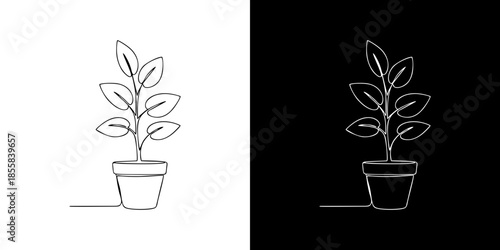 Minimalist continuous line art drawing of a small potted plant with growing leaves, embodying simplicity and organic design for various creative projects and nature-themed visuals