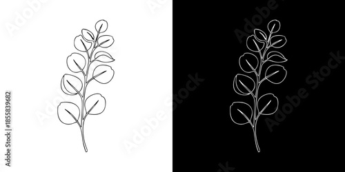 Minimalist line art of a eucalyptus branch on a white background and a white line art of a eucalyptus branch on a black background