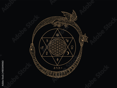 Mystical ouroboros with alchemical symbols 