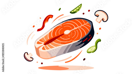 Salmon steak with flying vegetables and spices in motion  