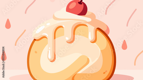 Sweet fried dessert topped with cream and cherry against pink background  