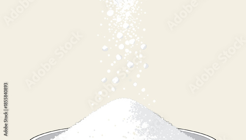 Sugar pouring into bowl with white granules and minimal background  