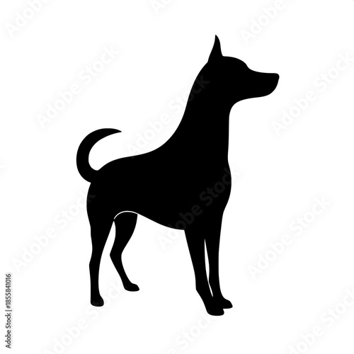 A sleek black silhouette of a dog in precise side profile, facing right, standing serenely with a subtly curved tail that flows gently downwards, set against a pristine clean white background, rendere