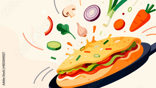 Colorful fried omelette with fresh vegetables flying in the air  