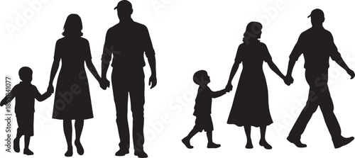 Family Silhouettes Standing and Walking - Parents Holding Hands with Child