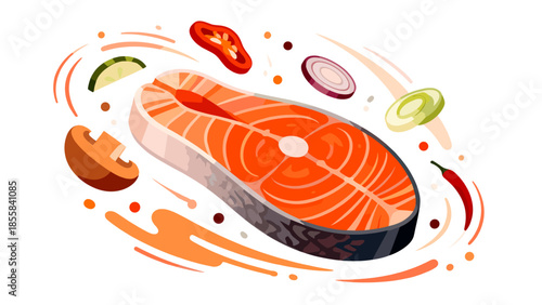 Salmon fillet with vegetables and spices in modern flat design  