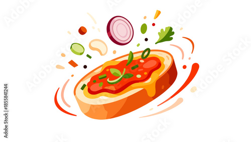 Colorful pizza with toppings flying in the air and sauce splashing  