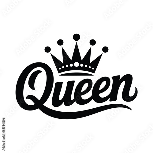 Elegant black and white lettering spells out the word queen with a crown