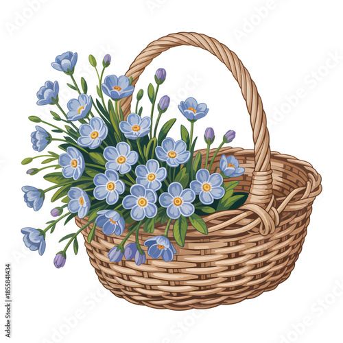 A woven basket overflowing with delicate blue forget me not flowers