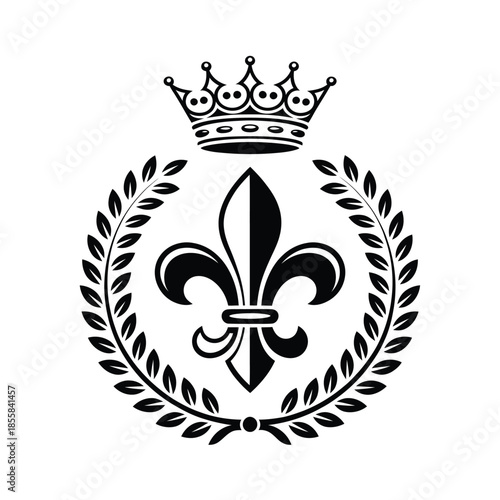 A regal crest featuring a crown laurel wreath and fleur de lis symbol